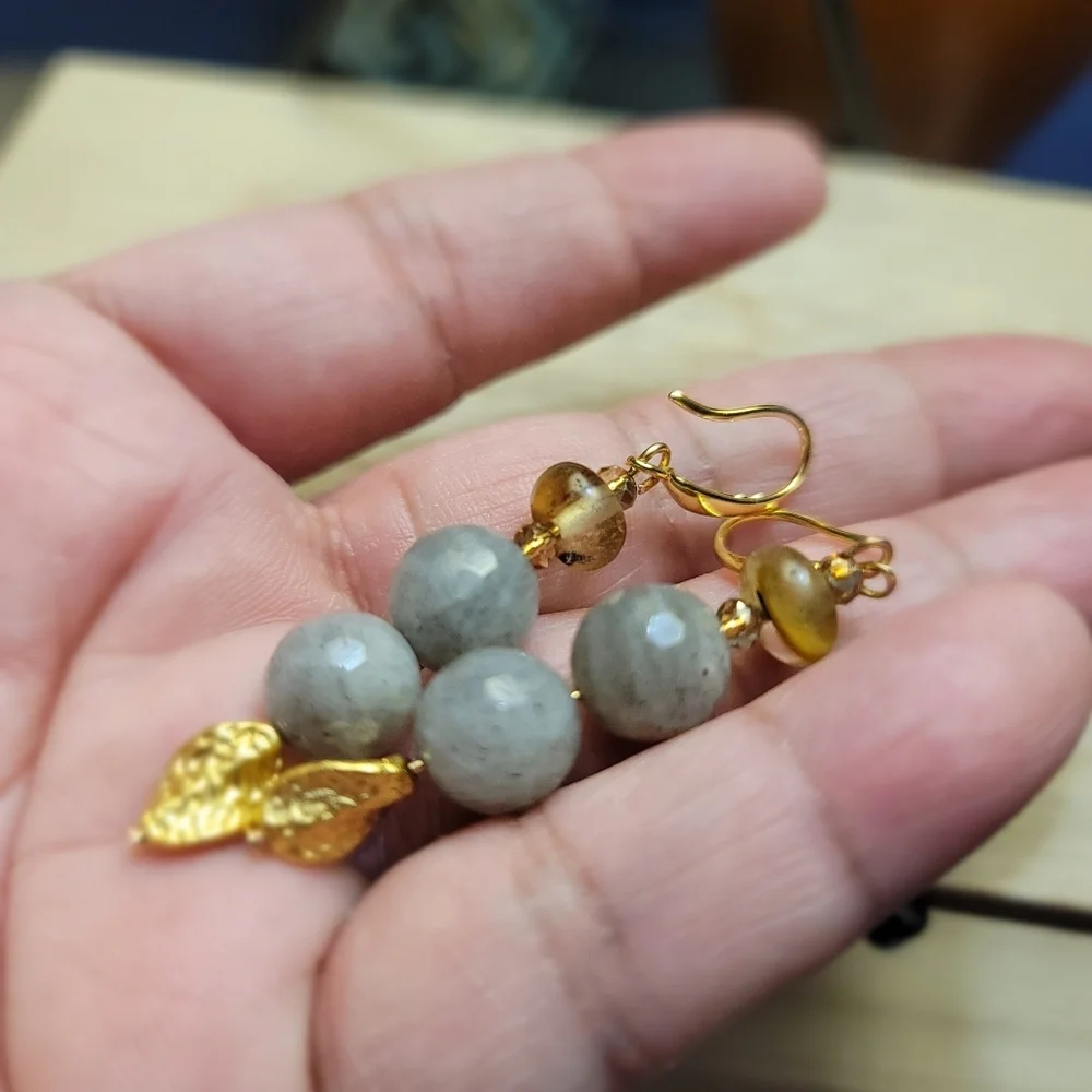 Handmade Labradorite & Volcano Cherry Quartz Dangle Earrings Gold Leaf Charm